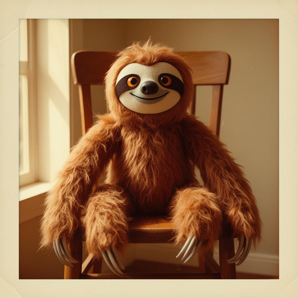 Bert the handmade plush sloth puppet sitting on a wooden chair in warm sunlight