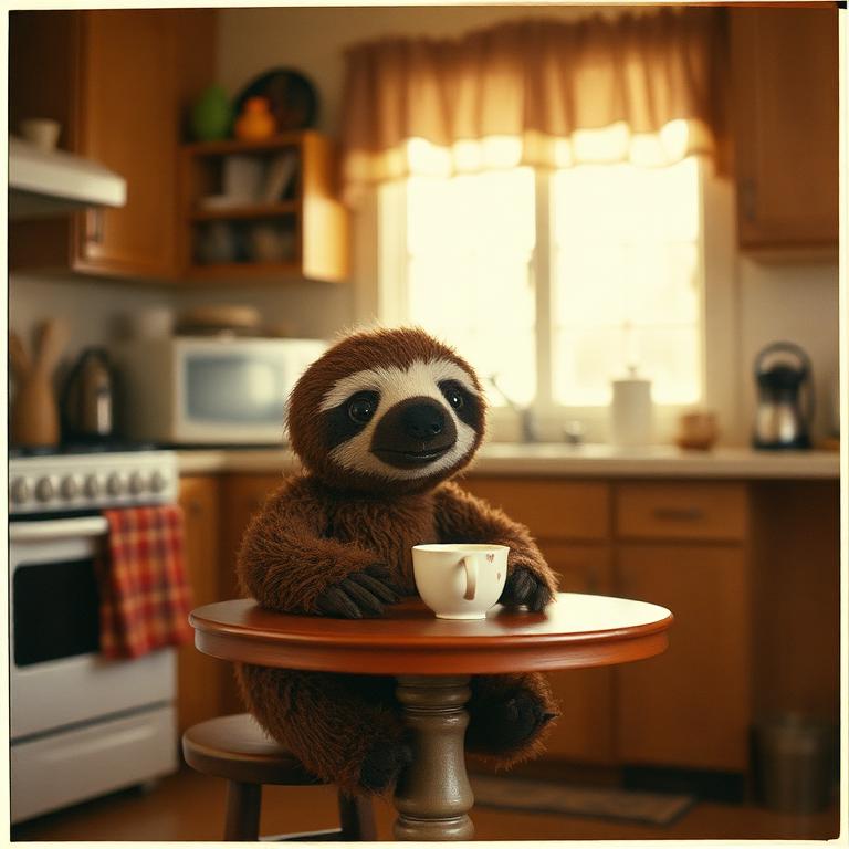 Bert at a kitchen table with a tiny teacup