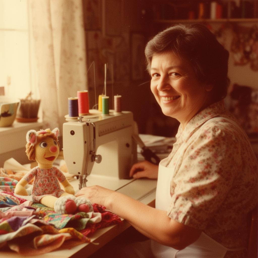 Mom at her sewing machine surrounded by fabric and a half-finished puppet